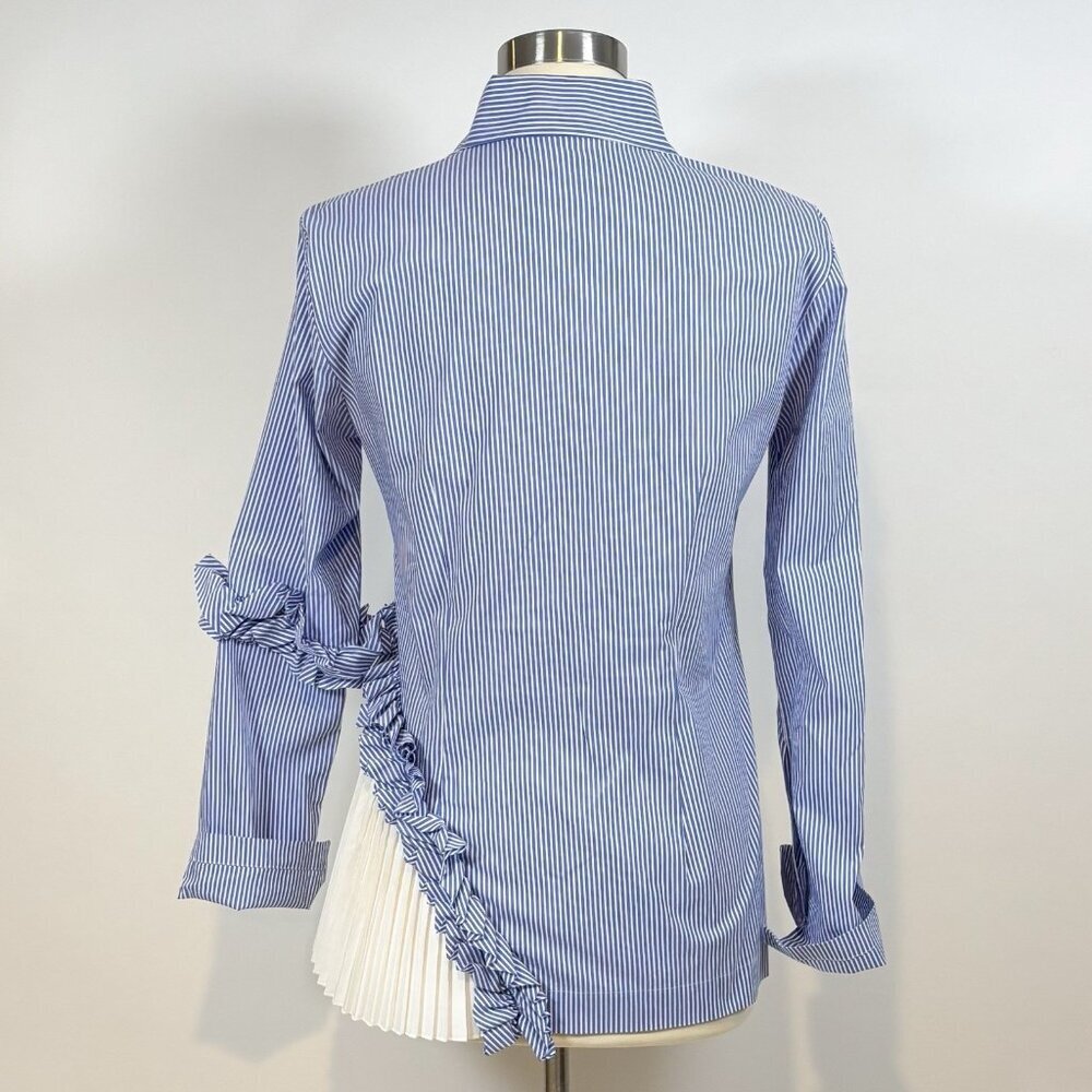D. Exterior Button Up Blouse Ruffled Pinstripe Pleated Peekaboo Italy Medium - Picture 3 of 6